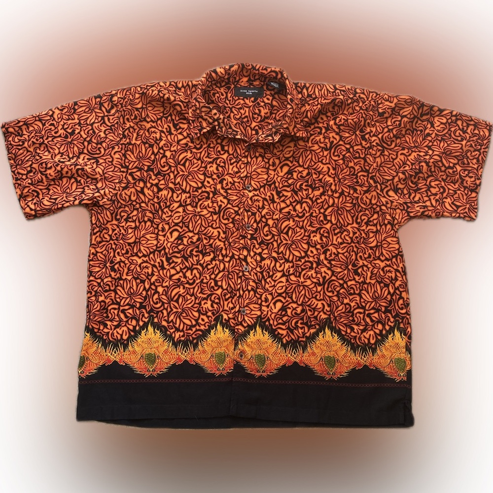 Vintage Icon Sports USA Flame Lotus Festival Shirt Button Down Short Sleeve 2XL